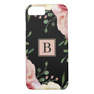 Pink Watercolor Flowers on Black Simple Monogram Case-Mate iPhone Case