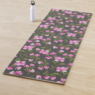 Pink Watercolor Flowers on Grey Yoga Mat