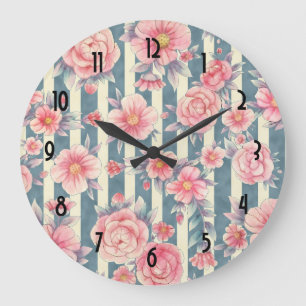Pink Watercolor Flowers on Striped Pattern Large C Clock