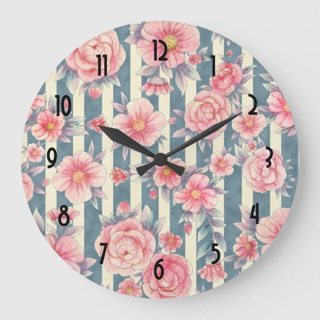Pink Watercolor Flowers on Striped Pattern Large C Clock (Front)