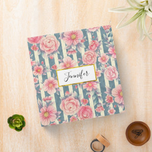 Pink Watercolor Flowers on Stripes Binder