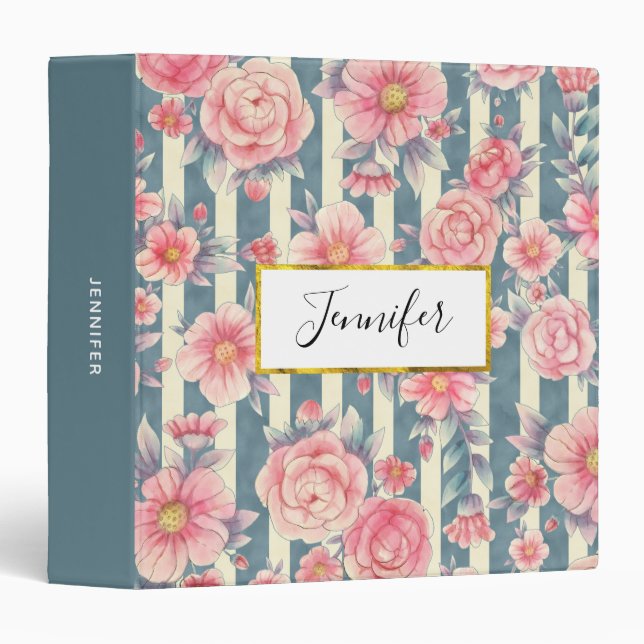 Pink Watercolor Flowers on Stripes Binder (Front/Spine)