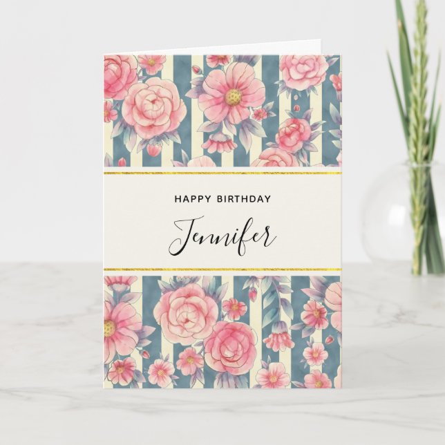 Pink Watercolor Flowers on Stripes Birthday Card (Front)