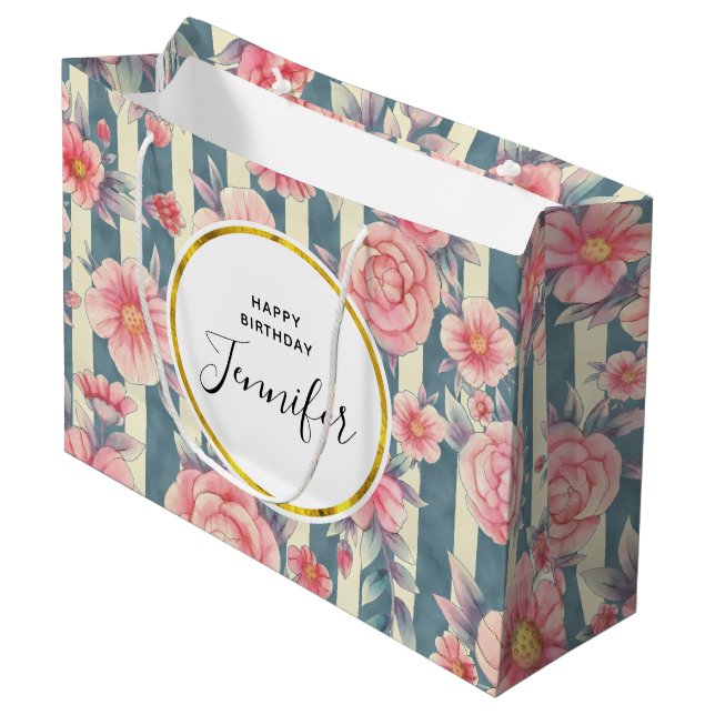  Pink Watercolor Flowers on Stripes Birthday Large Gift Bag (Front Angled)