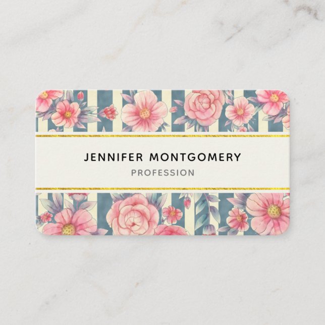 Pink Watercolor Flowers on Stripes Business Card (Front)