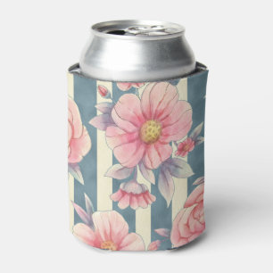 Pink Watercolor Flowers on Stripes Can Cooler