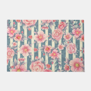 Pink Watercolor Flowers on Stripes Doormat