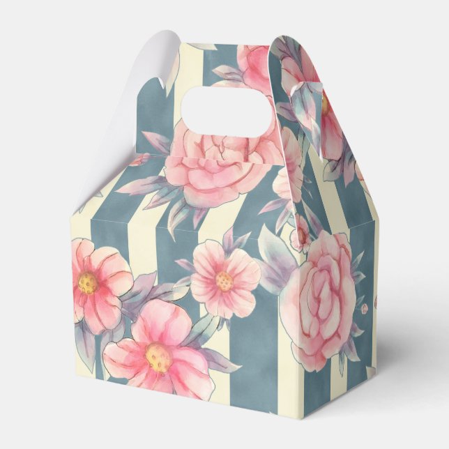 Pink Watercolor Flowers on Stripes Favor Box (Front Side)