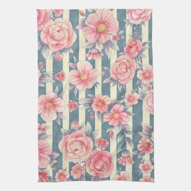 Pink Watercolor Flowers on Stripes Kitchen Towel (Vertical)