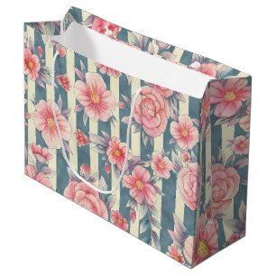  Pink Watercolor Flowers on Stripes  Large Gift Bag
