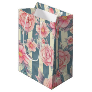  Pink Watercolor Flowers on Stripes Medium Gift Bag