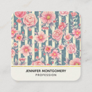 Pink Watercolor Flowers on Stripes Square Busines Business Card