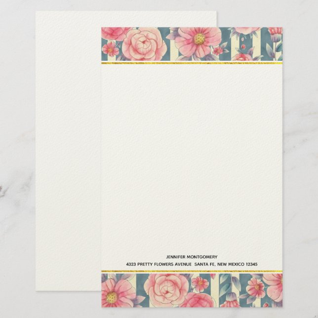 Pink Watercolor Flowers on Stripes Stationery (Front/Back)