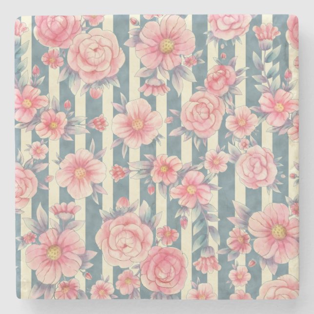 Pink Watercolor Flowers on Stripes Stone Coaster (Front)