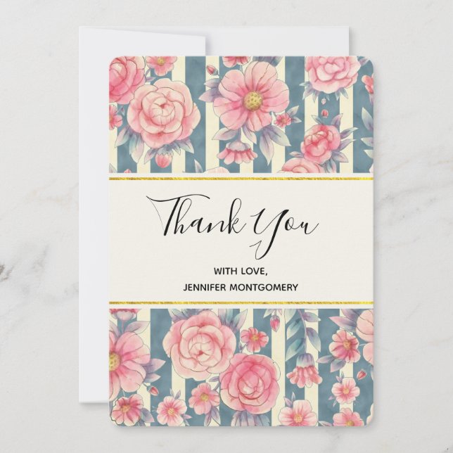 Pink Watercolor Flowers on Stripes Thank You (Front)
