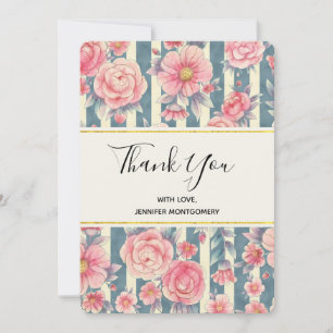Pink Watercolor Flowers on Stripes Thank You Card