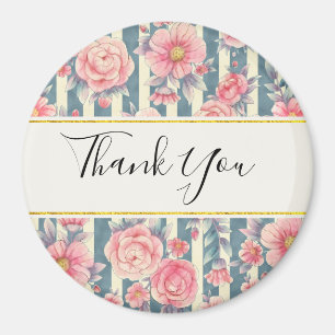 Pink Watercolor Flowers on Stripes Thank You Magnet
