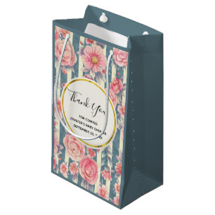 Pink Watercolor Flowers on Stripes Thank You Small Gift Bag