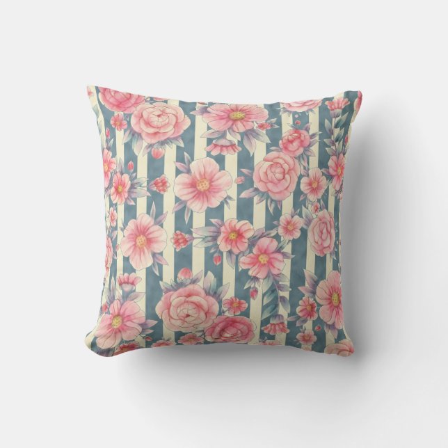 Pink Watercolor Flowers on Stripes Throw Pillow (Front)