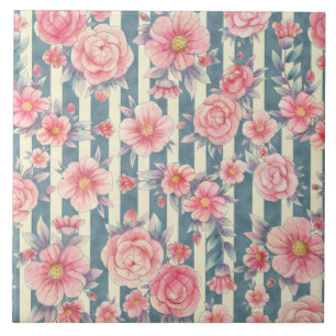 Pink Watercolor Flowers on Stripes Tile