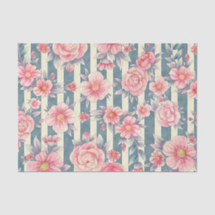 Pink Watercolor Flowers on Stripes Tissue Paper