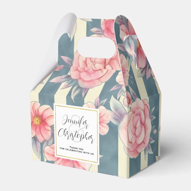 Pink Watercolor Flowers on Stripes Wedding Favor Box (Front Side)