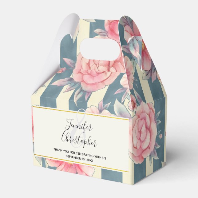 Pink Watercolor Flowers on Stripes Wedding Favor Box (Front Side)