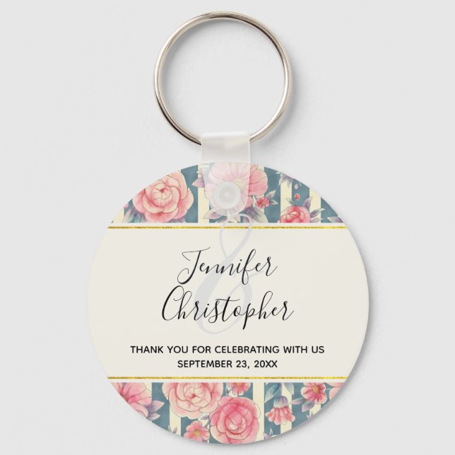 Pink Watercolor Flowers on Stripes Wedding Keychai Keychain (Front)