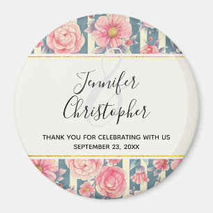 Pink Watercolor Flowers on Stripes Wedding Magnet