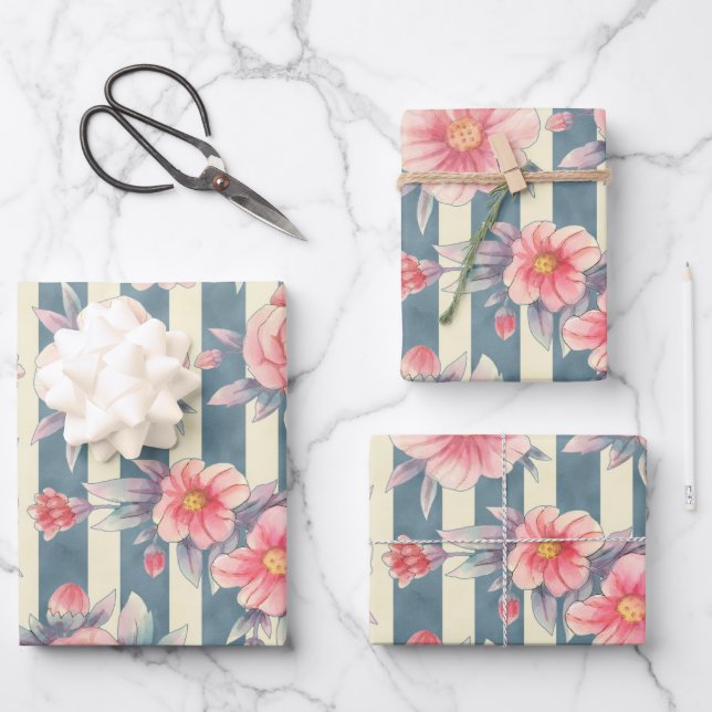 Pink Watercolor Flowers on Stripes Wrapping Paper Sheet (Front)