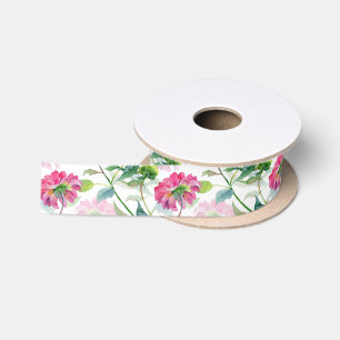 Pink Watercolor Flowers Pattern Satin Ribbon