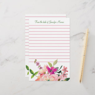 Pink watercolor flowers personalized lined stationery