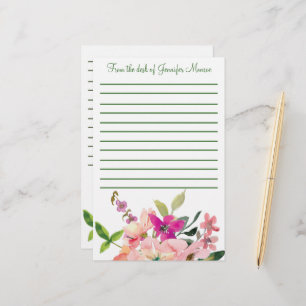 Pink watercolor flowers personalized lined stationery