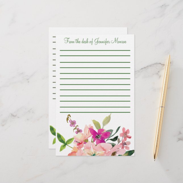 Pink watercolor flowers personalized lined stationery (Front/Back In Situ)