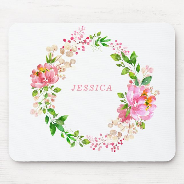 Pink Watercolor Flowers Personalized Mouse Pad (Front)