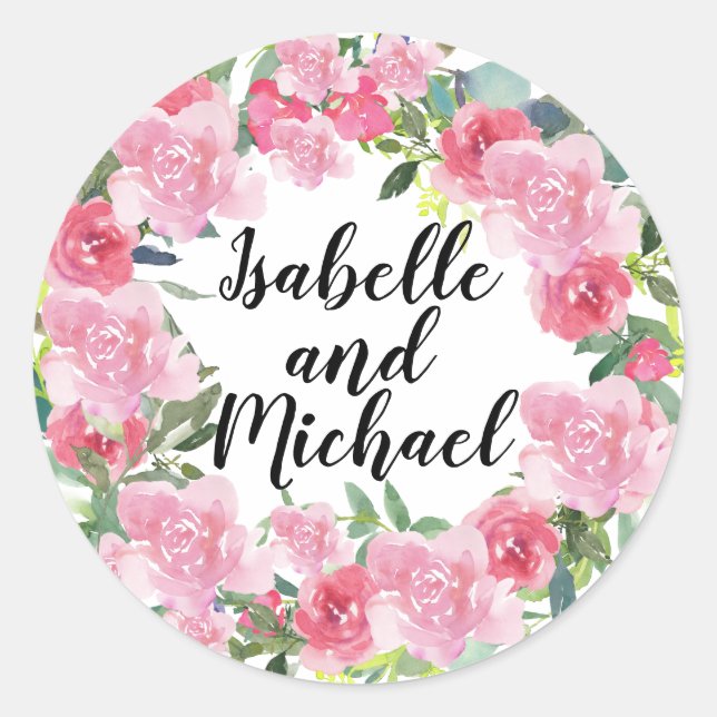 Pink Watercolor Flowers Personalized Wedding Classic Round Sticker (Front)