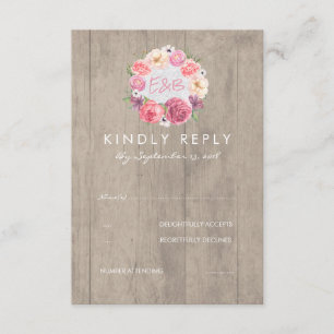 Pink Watercolor Flowers Rustic Wood Wedding RSVP Card