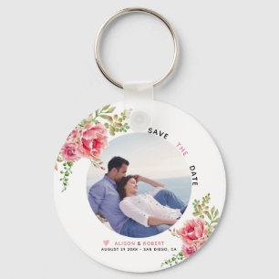 Pink watercolor flowers, sage green leaves, photo keychain