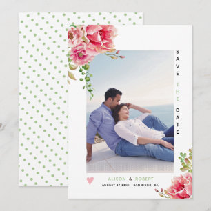 Pink watercolor flowers, sage green leaves, photo save the date