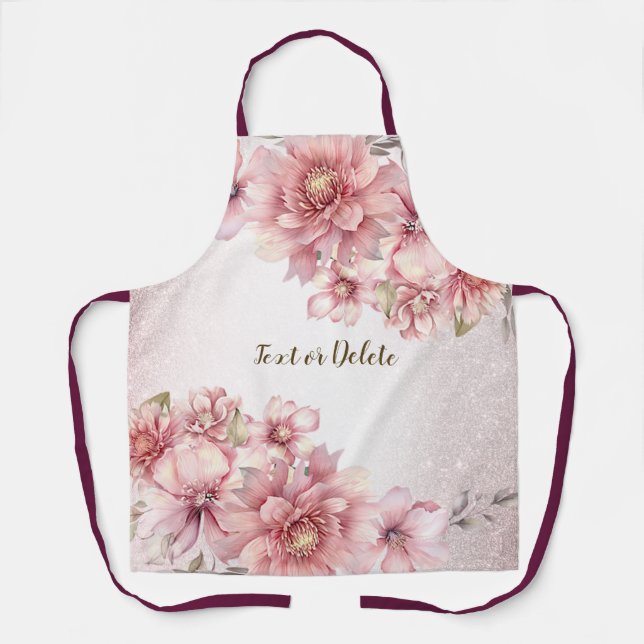 Pink Watercolor Flowers Shiny Glitter Modern Apron (Front)