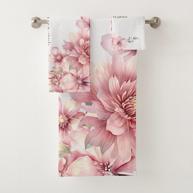 Pink Watercolor Flowers Shiny Glitter Modern Bath Towel Set (Insitu)