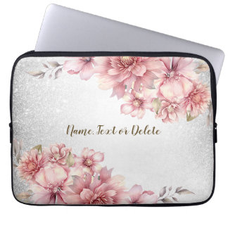 Pink Watercolor Flowers Shiny Glitter Modern Laptop Sleeve