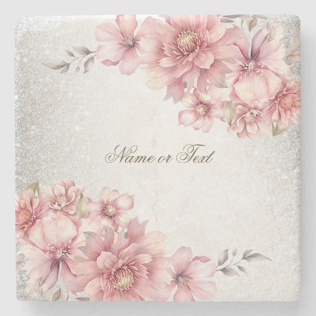 Pink Watercolor Flowers Shiny Glitter Modern Stone Coaster (Front)
