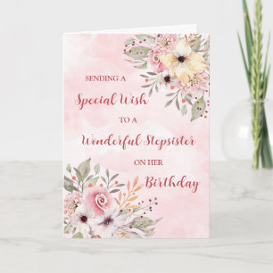 Pink Watercolor Flowers Stepsister Birthday Card