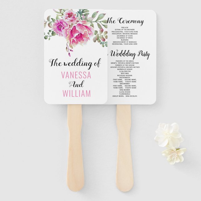 Pink watercolor flowers typography wedding program hand fan (Front and Back)