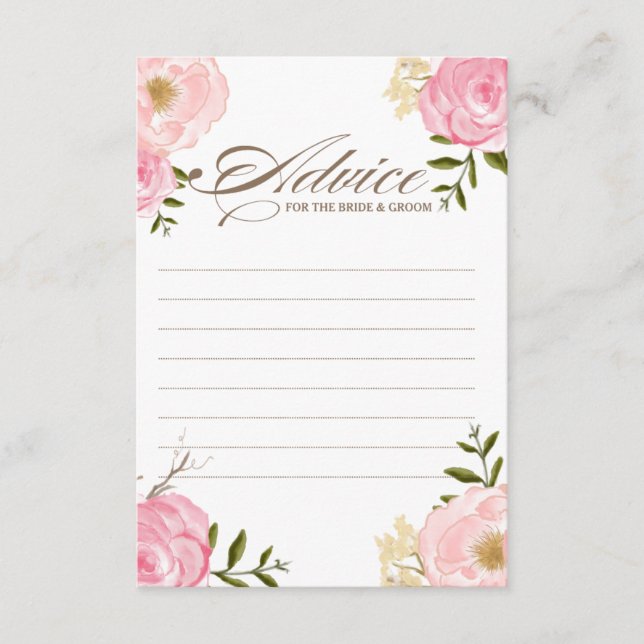 Pink Watercolor Flowers Wedding Advice Card (Front)