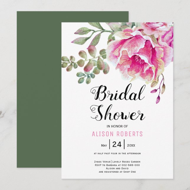 Pink watercolor flowers wedding bridal shower invitation (Front/Back)