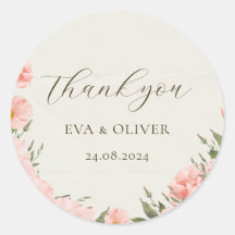 Pink Watercolor Flowers Wedding Classic Round Stic