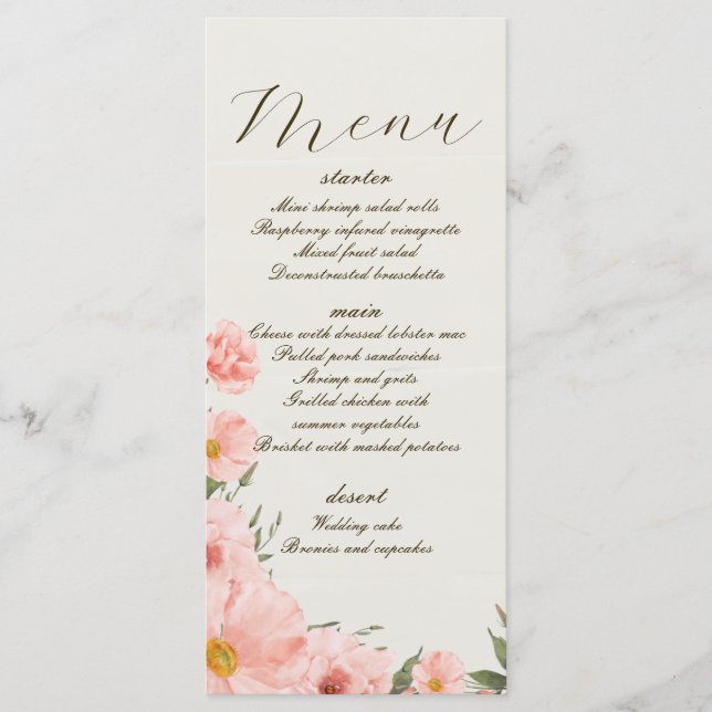 Pink Watercolor Flowers Wedding Menu (Front)