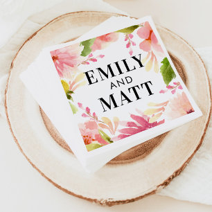 Pink Watercolor Flowers Wedding Monogram Napkin